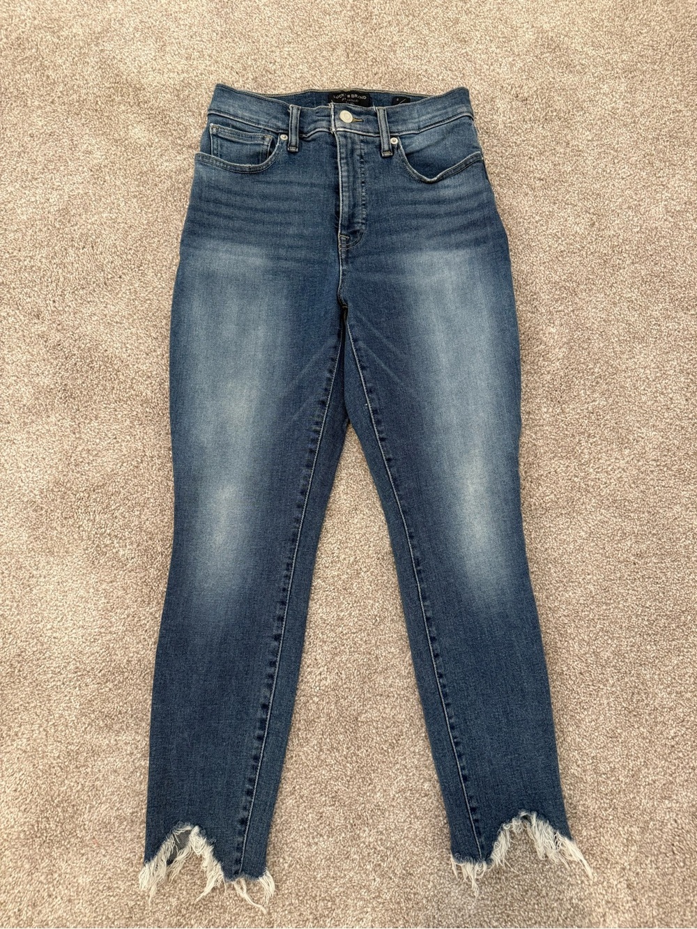 Lucky Brand Medium Blue High-Rise Skinny Jeans with Frayed Hem